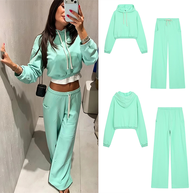 Street Fashion Women - Setelan Sweatshirt Crop Fluoresen Wanita Guobioziy