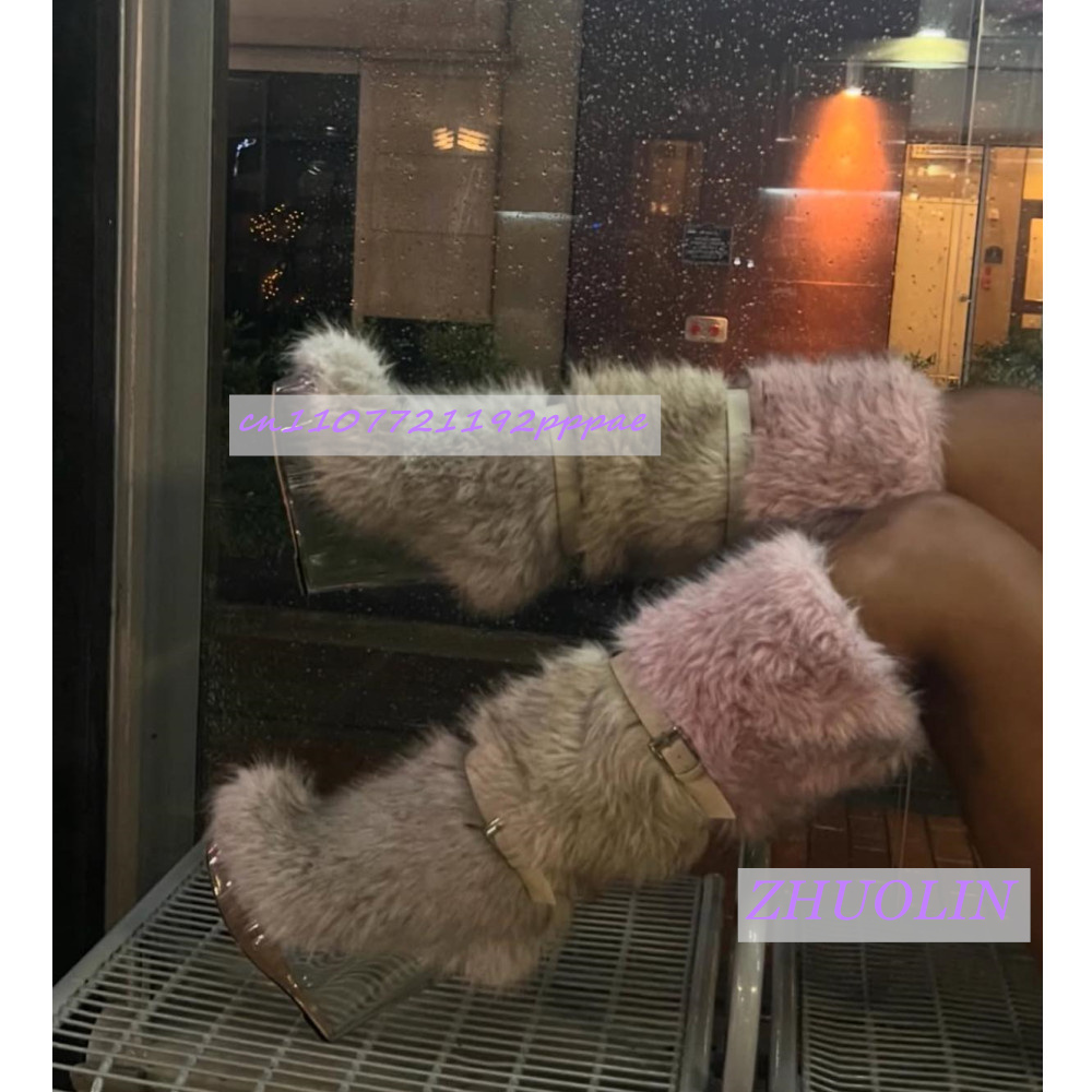 Street Fashion Runway - Sepatu Bot Wedge Transparan Berbulu Musim