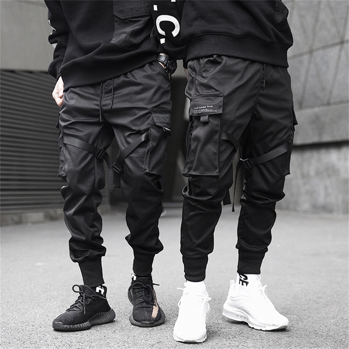 Street Fashion Brand - Celana kargo hitam Hip Hop, celana