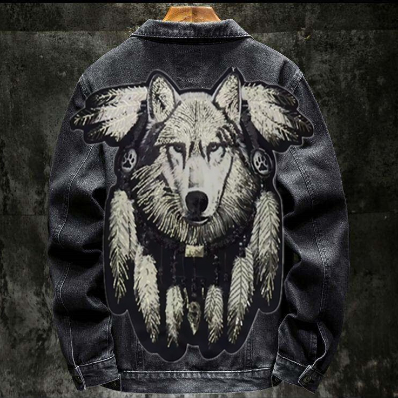 Street Fashion Jacket Men - Jaket Jeans Patch Bordir Serigala Berat