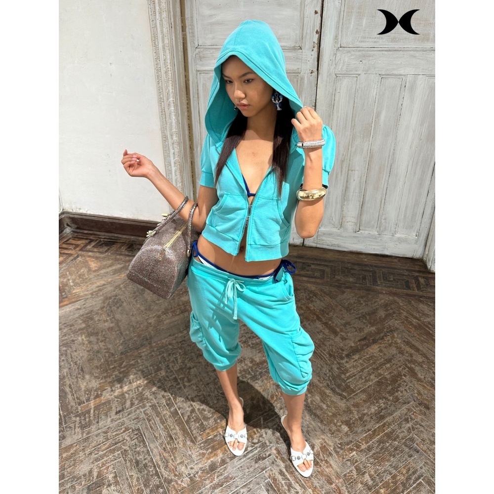 Street Fashion Women - Setelan jaket hoodie pendek berkancing ritsleting